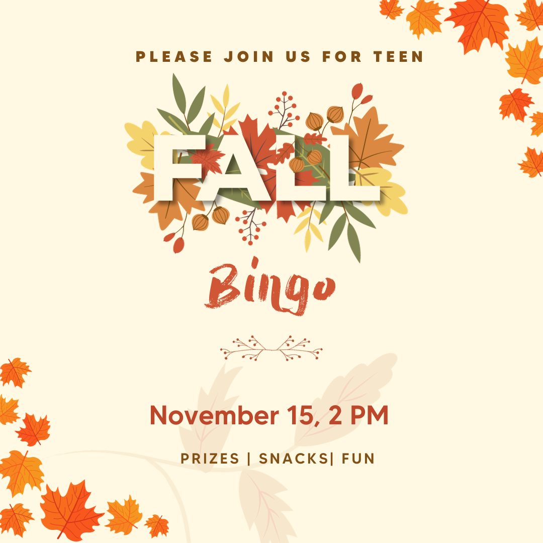 Teen Fall Bingo Poster with clip art of Fall leaves.