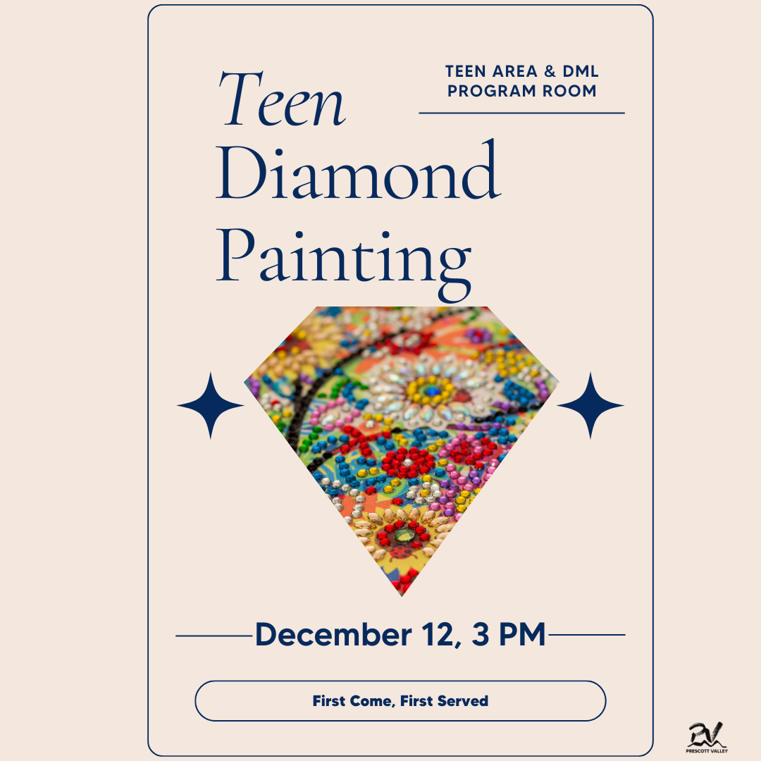 Poster for Teen Diamond Painting. Includes image of the small diamonds used to create a painting.