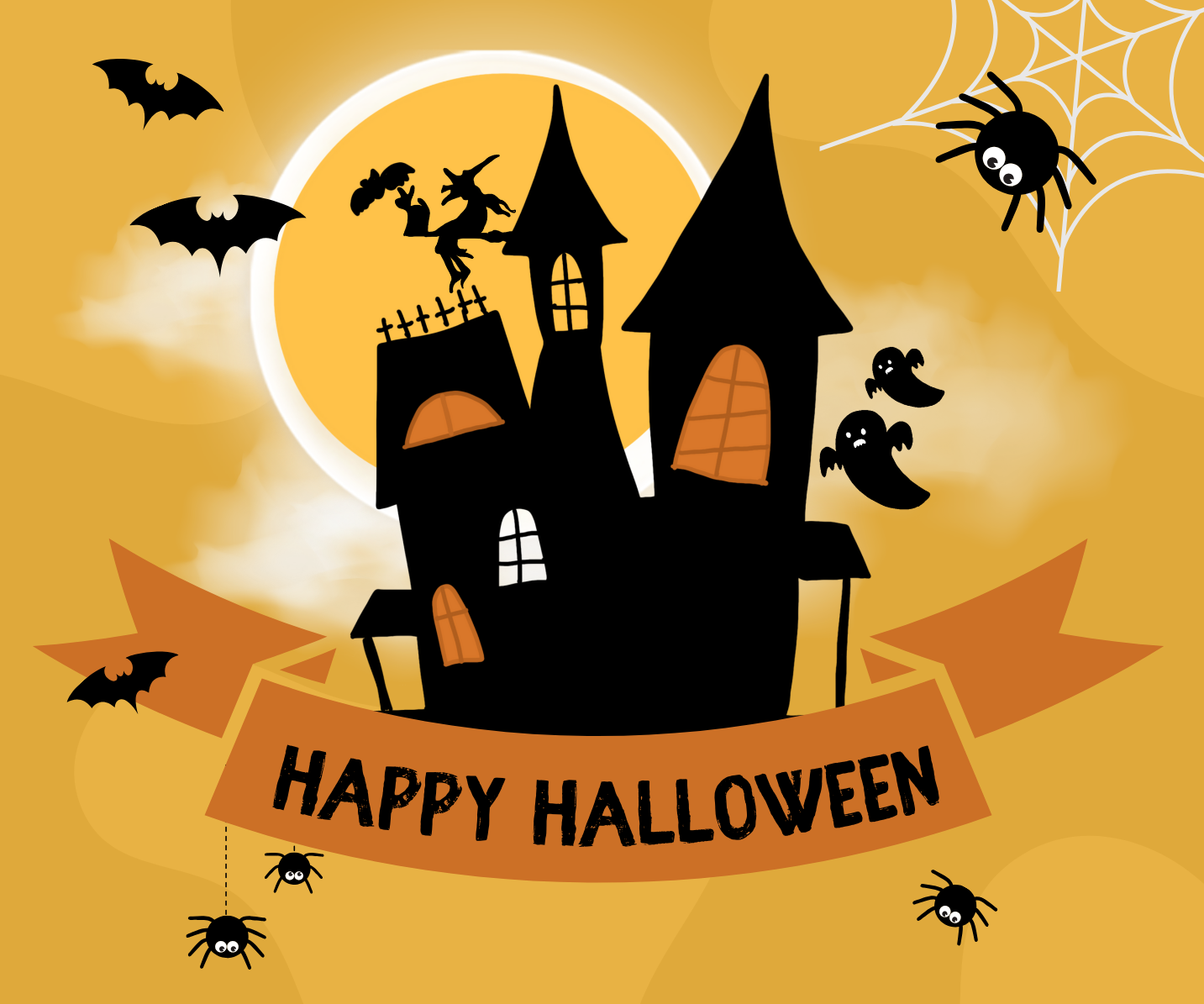 A black silhouette of a haunted house on an orange background with bats and spiders around it and the words "Happy Halloween" underneath