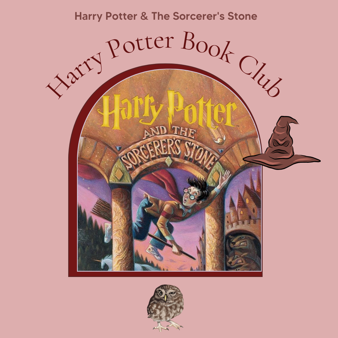 Harry Potter Book Club Poster with book cover and clip art of sorting hat and an owl.