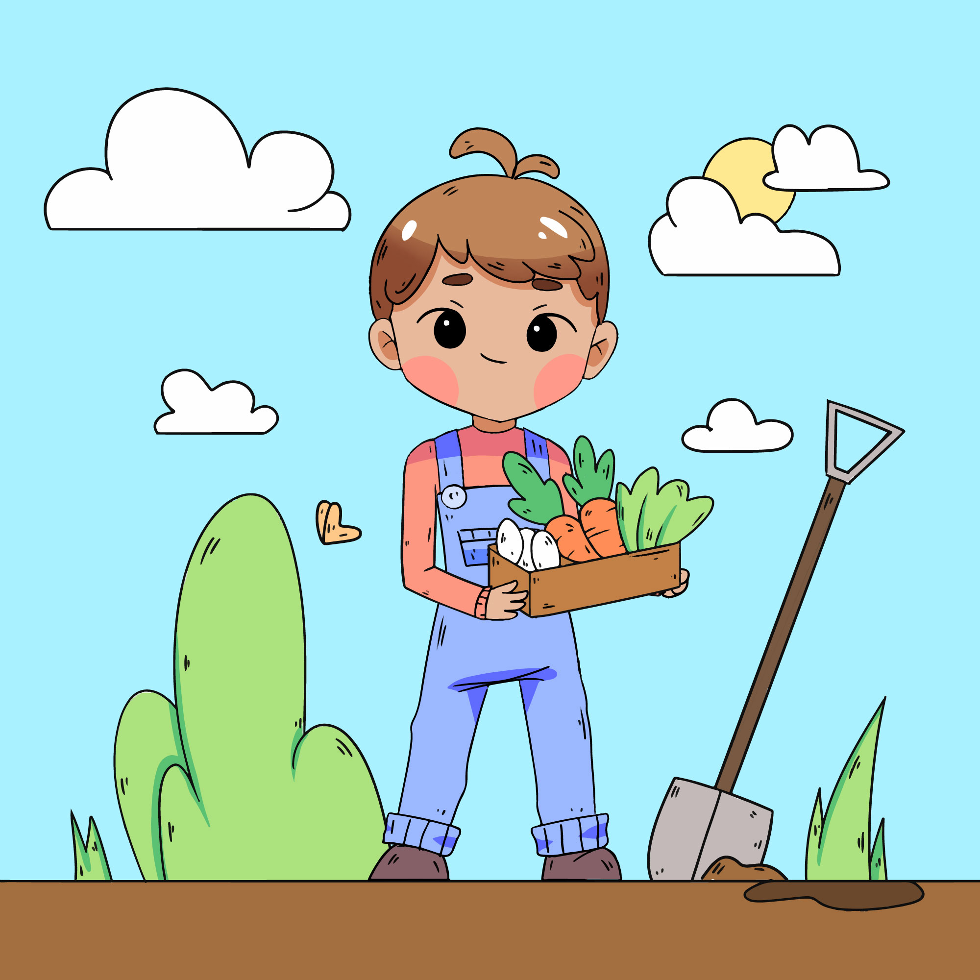 illustrated kid holding a box of vegetables