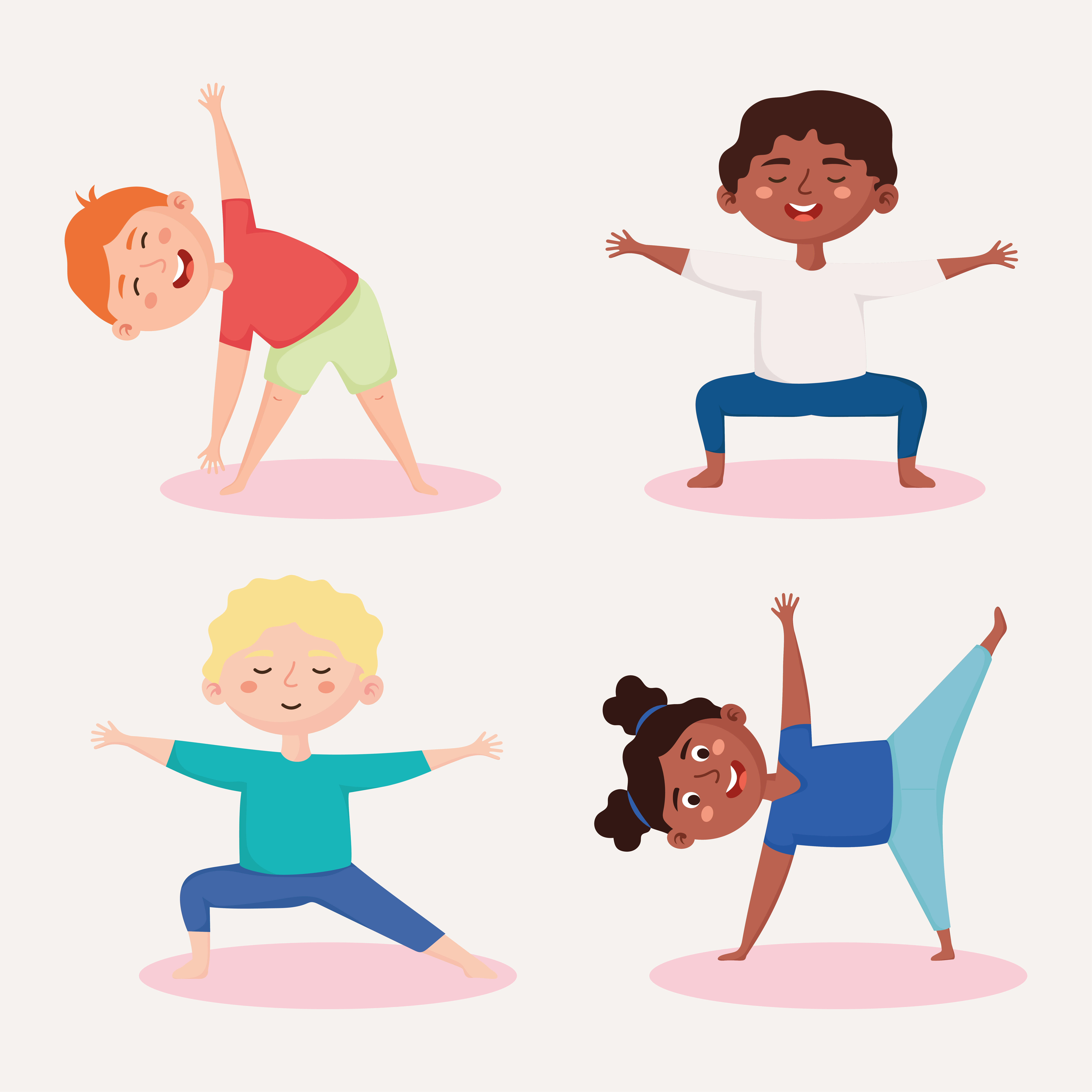four kids in different yoga poses