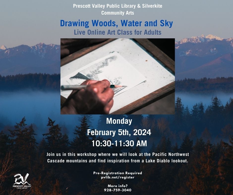 Silverkite art class drawing wood, water and sky. A mountain background with a a lake. 