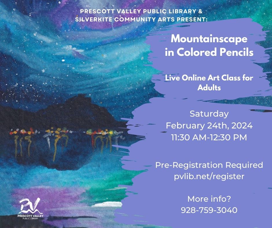 February Colored Pencils online art class with mountain background 