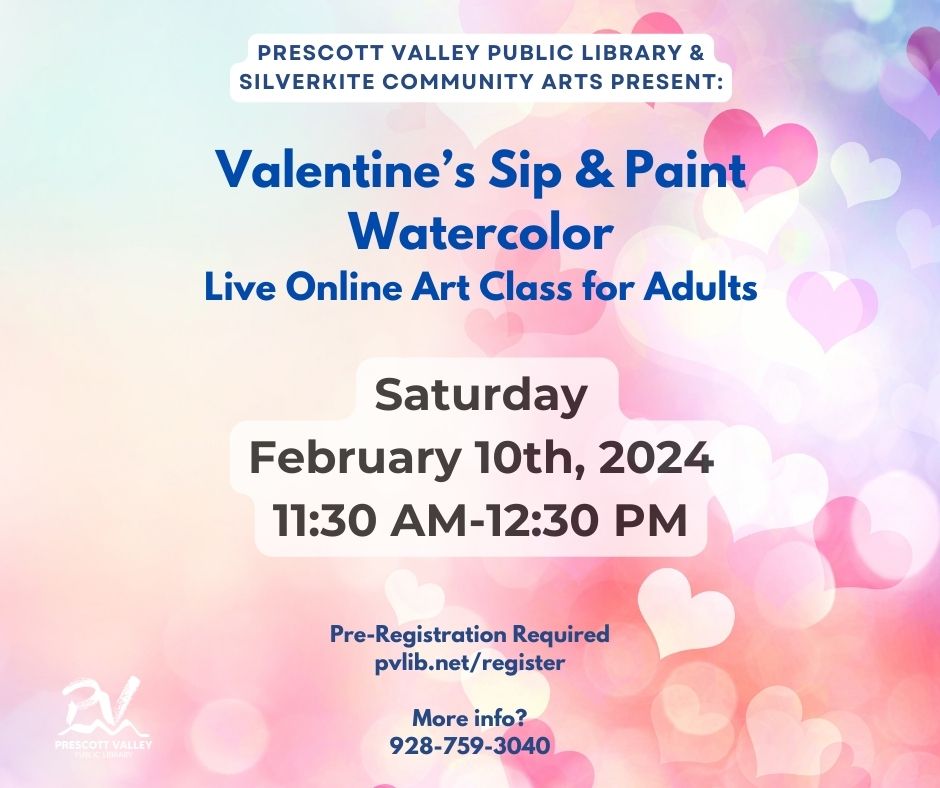 Valentine's Day Sip & Paint Watercolor class, with multi colored pastel heart background