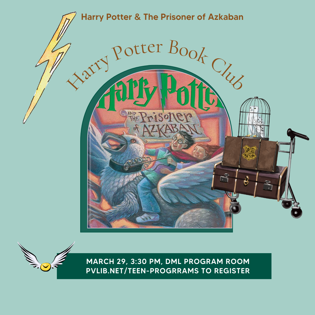 Harry Potter Book Club Poster with book cover and clip art of HP lightning, snitch, and luggage.