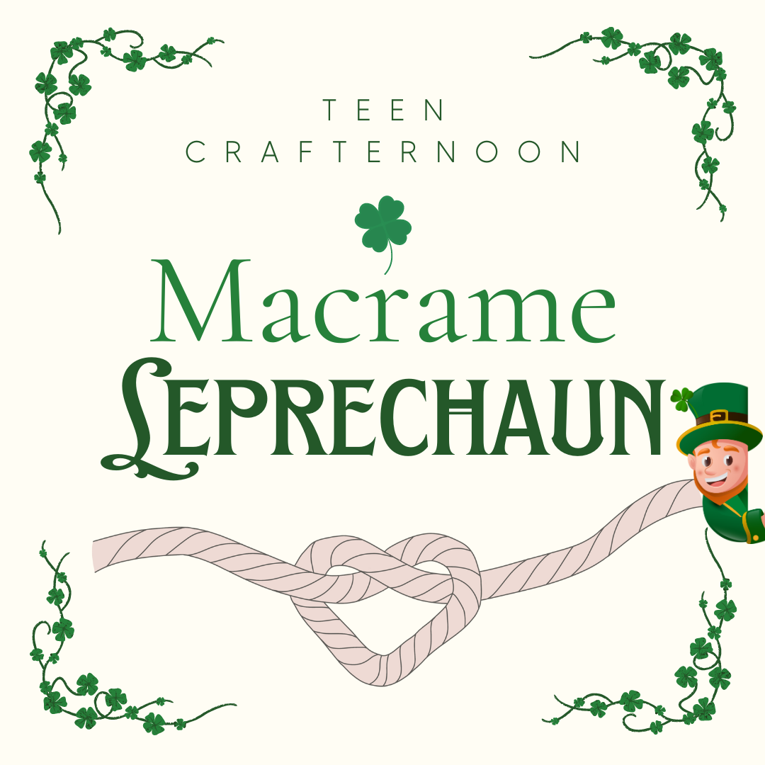 Says the words Macrame Leprechaun with clip art of macrame rope and a leprechaun