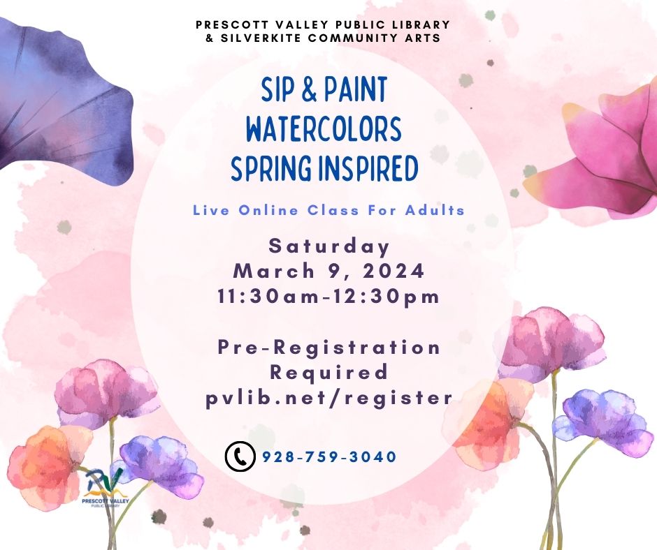 sip n paint watercolor virtual live online class March 9th, 2023, pre-register