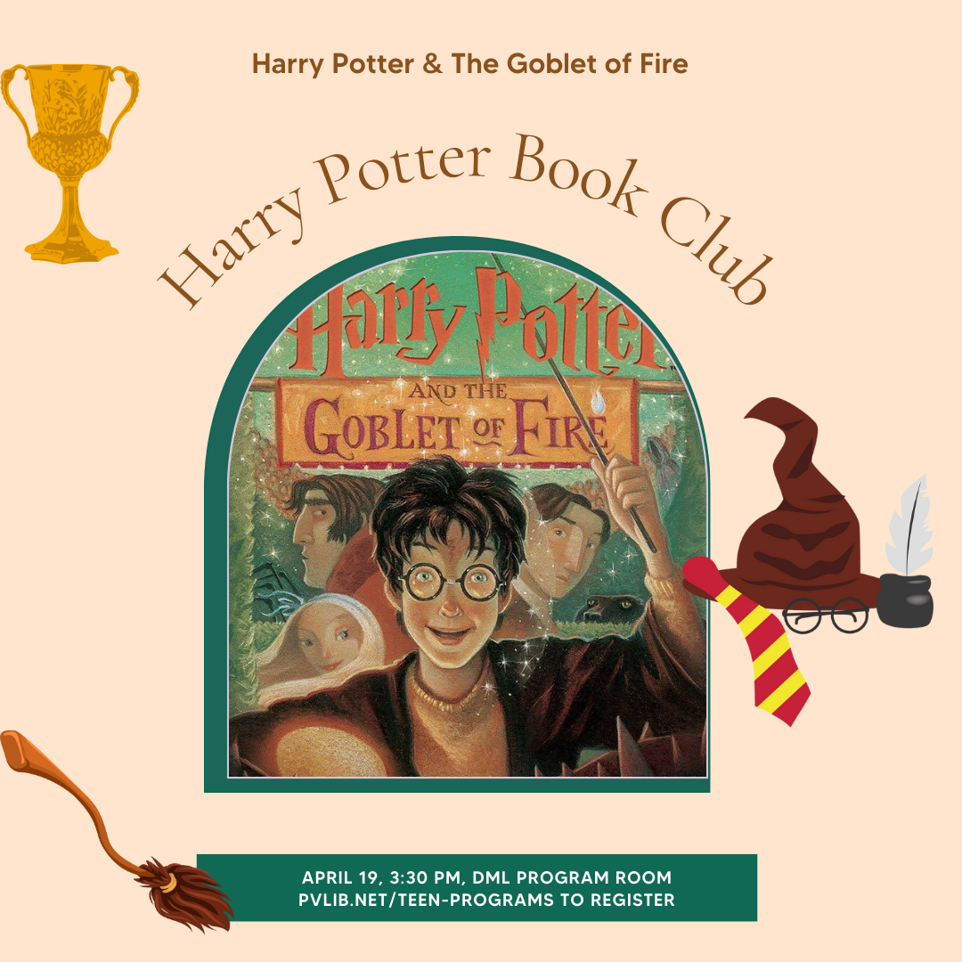 Harry Potter Book Club Poster with book cover and clip art of scarf, goblet, and sorting hat.