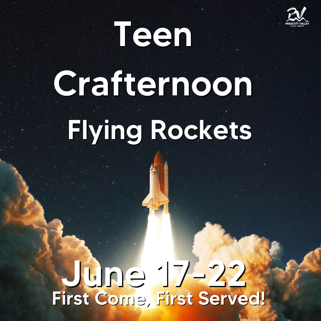 Photo of rocket with words: "Teen Crafternoon: Flying Rockets."
