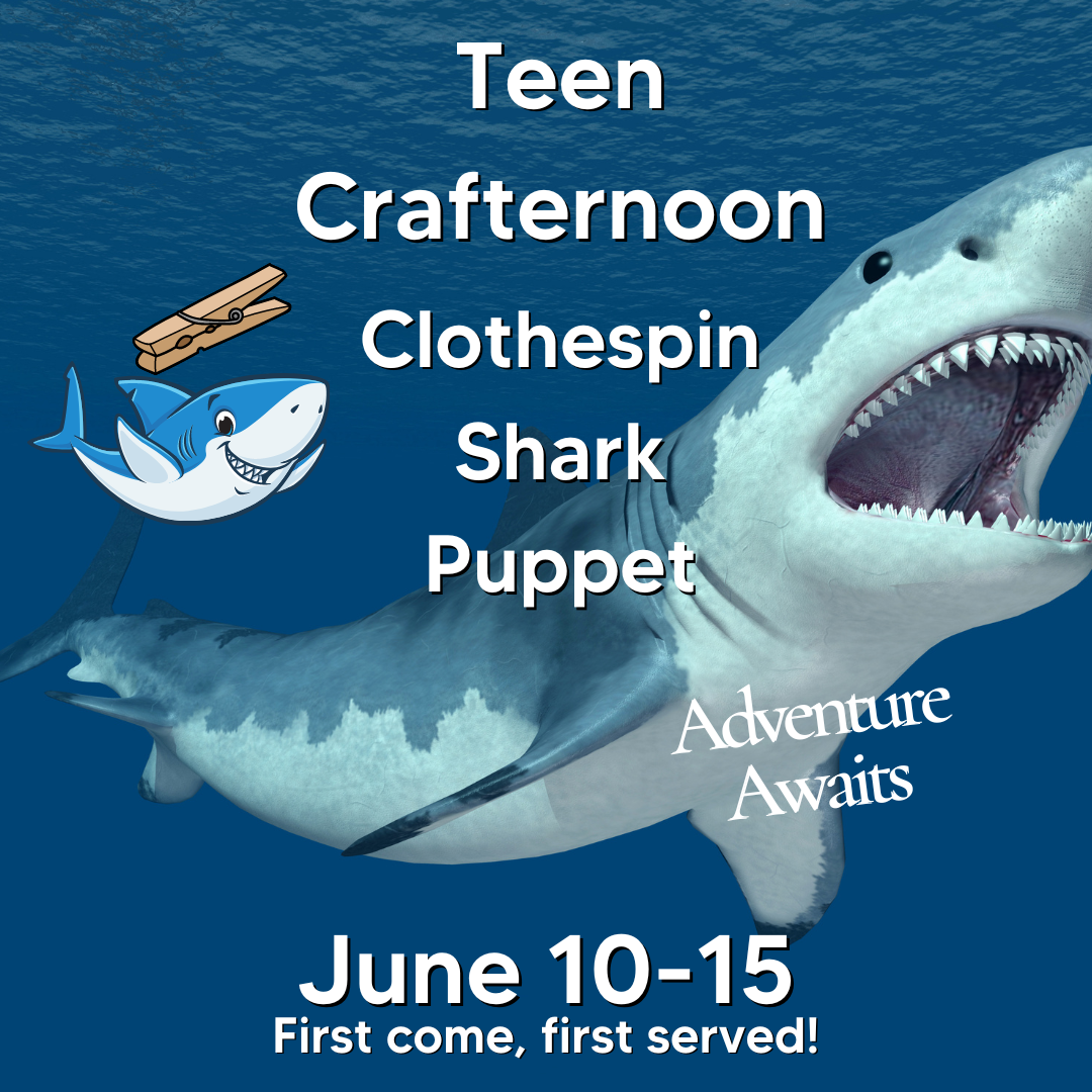 Clip art of sharks and a clothespin with words: "Teen Crafternoon: Clothespin Shark Puppets."