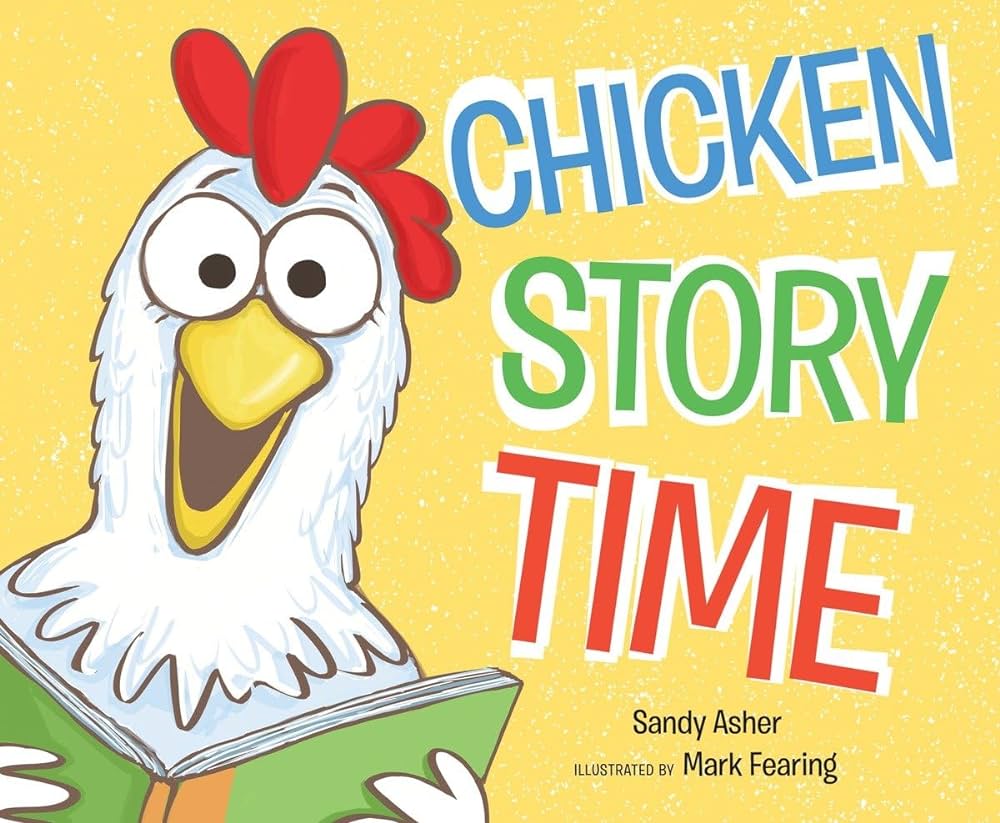cartoon chicken reading a book