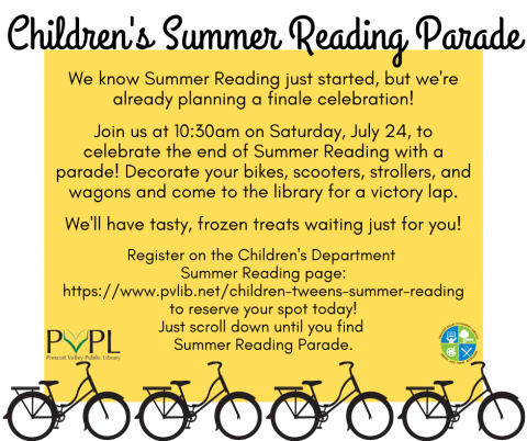 Join us at 10:30am on Saturday, July 24, to celebrate the end of Summer Reading with a parade! Decorate your bikes, scooters, strollers, and wagons and come to the library for a victory lap. We'll have tasty, frozen treats waiting just for you.