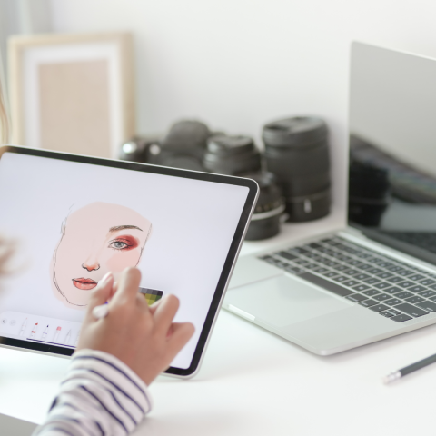 Photo of someone using a drawing tablet to create art.