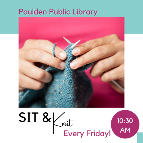 Pink background with hands holding knitting needles and yarn