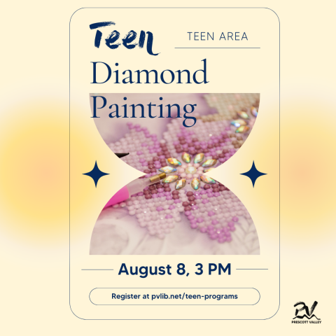 Poster for Teen Diamond Painting. Includes image of the small diamonds used to create a painting.