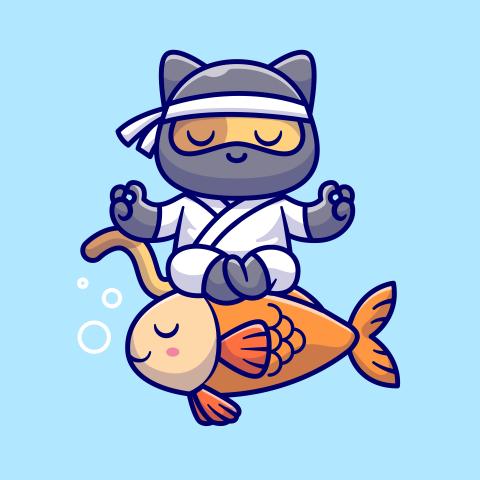 Cartoon cat in a ninja outfit meditating on the back of a fish