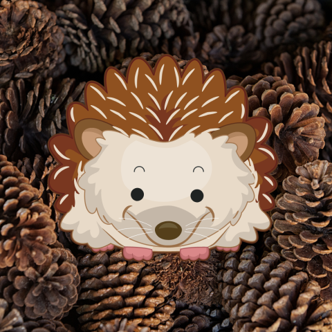 Clip art of hedgehog in a backdrop of pinecones.