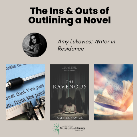 Photo of Author Amy Lukavics with images of The Ravenous book cover, a magical book, and words on a typewriter.