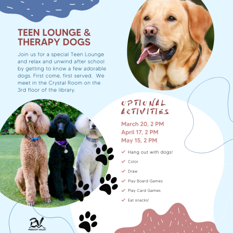 Teen Lounge & Therapy Dogs Poster with picture of golden retriever and poodles