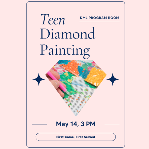 Poster for Teen Diamond Painting. Includes image of the small diamonds used to create a painting.