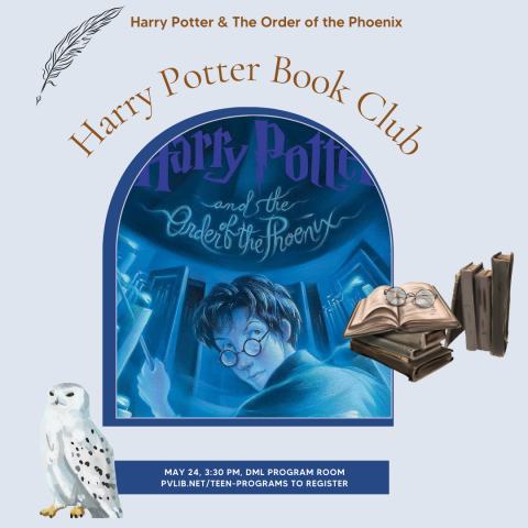 Harry Potter Book Club Poster with book cover and clip art of a feather pen, an owl, and old books.