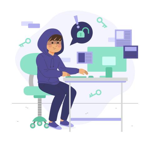 cartoon illustration of boy hacking computer