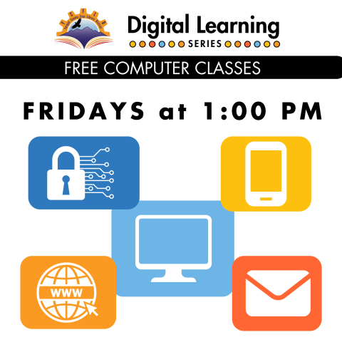 A white background with technology symbols and the words "Digital Learning Series, Free Computer Classes, Paulden Public Library, Fridays at 1:00pm"