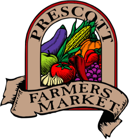 graphics of eggplant, corn, tomato, garlic, grapes bordered by a tan ribbon with the words Prescott Farmers Market