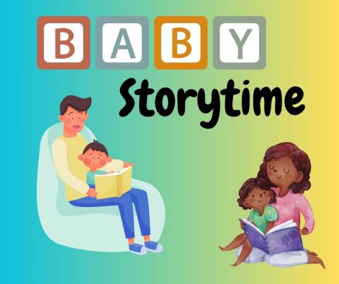 Baby storytime with an adult male and adult female holding children while reading to them