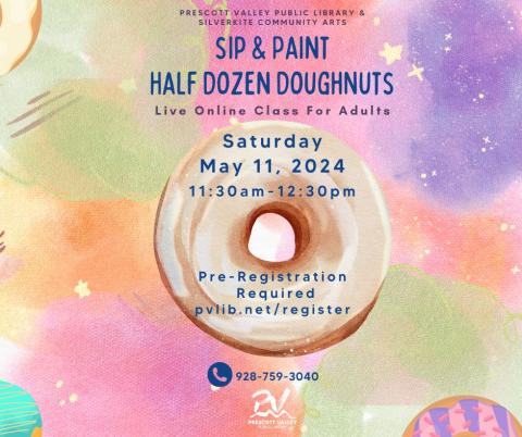 Sip and Paint Watercolor Doughnuts, LIve Virtual Online Art Class May 11th, 2024