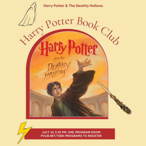 Harry Potter Book Club Poster with book cover of The Deathly Hallows