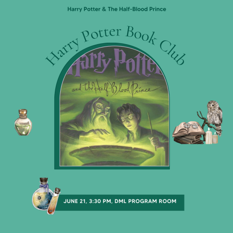 Harry Potter Book Club Poster with book cover of The Half Blood Prince and potion clip art