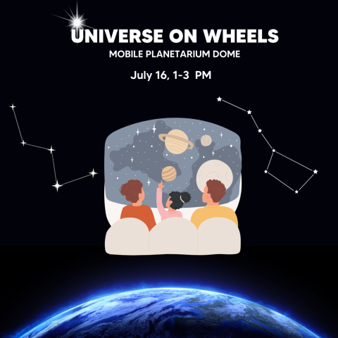 Universe on Wheels Poster with clip art of people looking at stars.