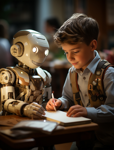 Boy and robot writing