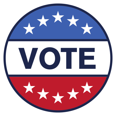 image of a button that says vote with red, white and blue