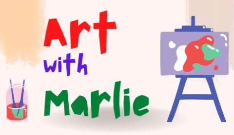The words, "Art with Marlie" with cartoon pictures of a can of paintbrushes and a canvas on an easel with paint on it
