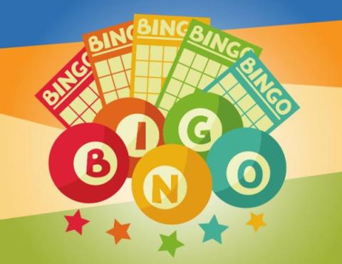 A colorful image with bingo cards and balls with the letters B-I-N-G-O