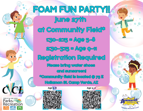Flyer for foam party with kids playing with bubbles