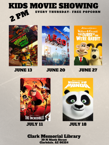 Kids Movie Flyer with the Movie Posters for the 5 movies playing each Thursday. Teenage Mutant Ninja Turtles Mutant Mayhem on June 13, The Lego Movie on June 20, Wallace and Gromit The Curse of The Were-Rabbit on June 27, The Incredibles on July 11, and Kung Fu Panda on July 18. 