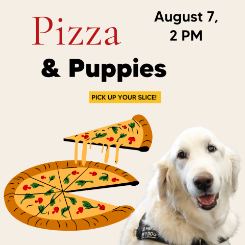 Clip art of Pizza and a photo of a golden retriever therapy dog.