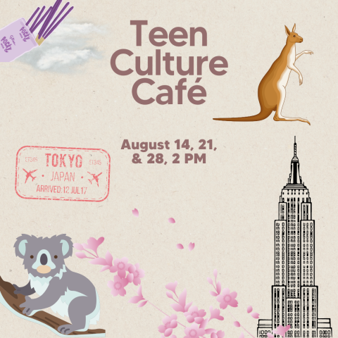 Teen Culture Cafe poster with clip art of pocky, Japan stamp, a kangaroo, and Empire State Building.