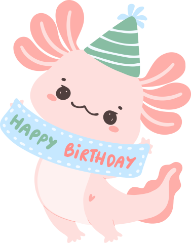cartoon axolotl wearing birthday hat