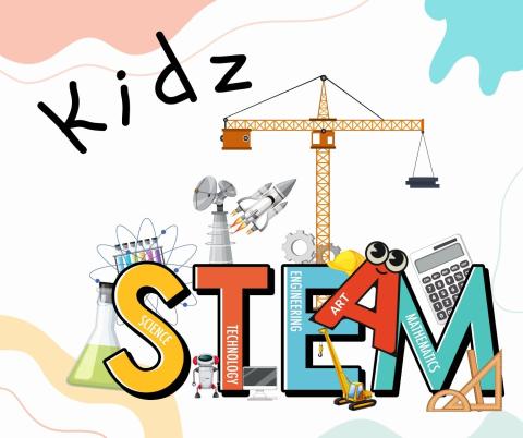 words Kidz STEAM on a splashed paint background. Each letter of STEM shows different items that represent science, technology, engineering, art, or mathematics