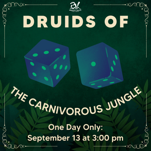 Druids of the Carnivorous Jungle Poster with clip art of dice.