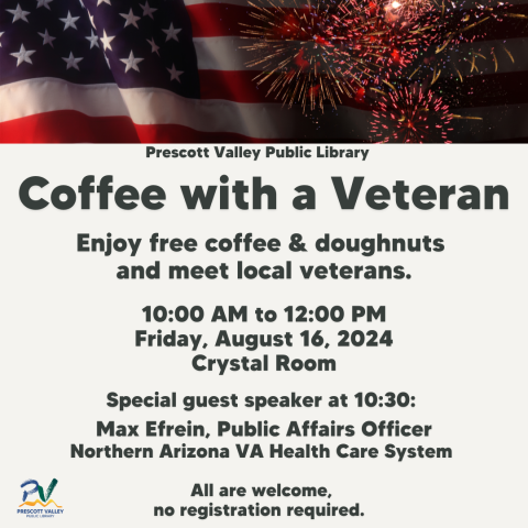 Coffee with a Veteran flyer with a top banner of an American flag and fireworks.  