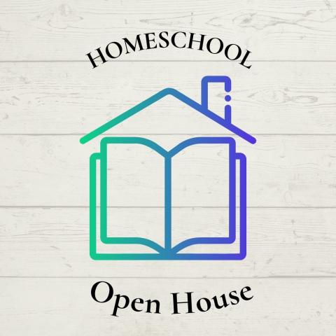 outline of a house with a book as the walls with the words homeschool open house