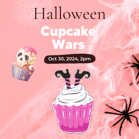 Poster for Cupcake Wars with clip art of Halloween style cupcakes and spiders and spiderwebs in the background.