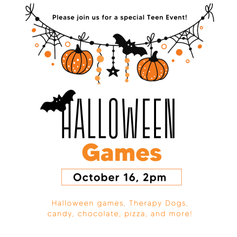 Halloween Games poster with clip art of bats and pumpkins.