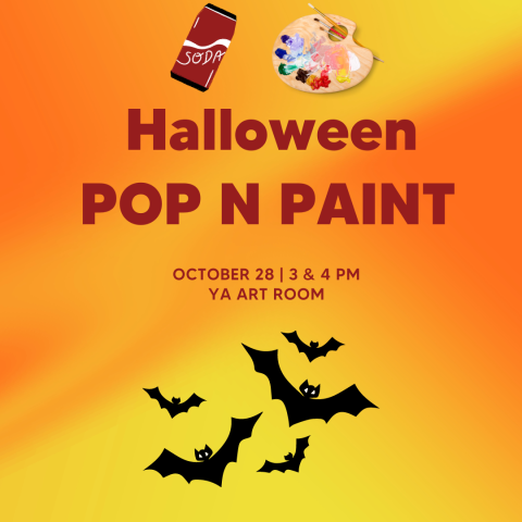 Halloween Pop N Paint poster. Clip art of paint, paintbrushes, bats, and soda can.